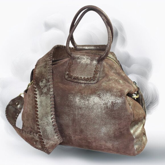 Hobo Shelia Brushed Metallic Heavy Metal Coffee Leather Shoulder Tote - Picture 2 of 11